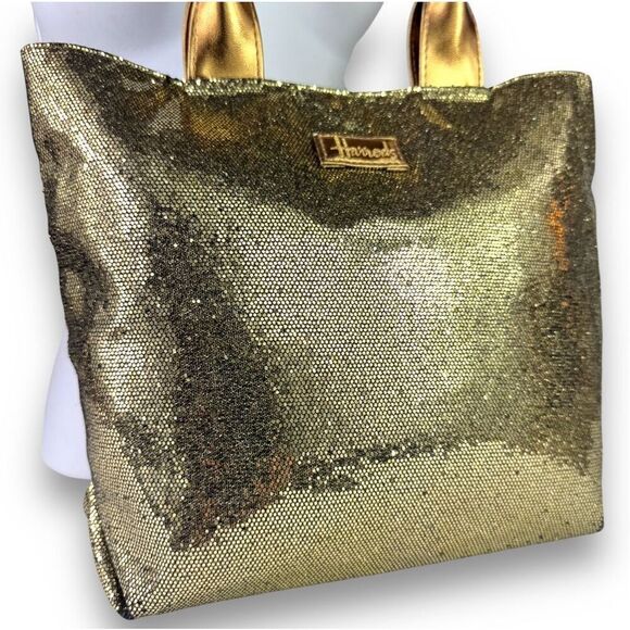 Harrods Vintage Gold Platinum Glitter Tote Shopper Bag Change Pouch Set Sparkle - Picture 2 of 13
